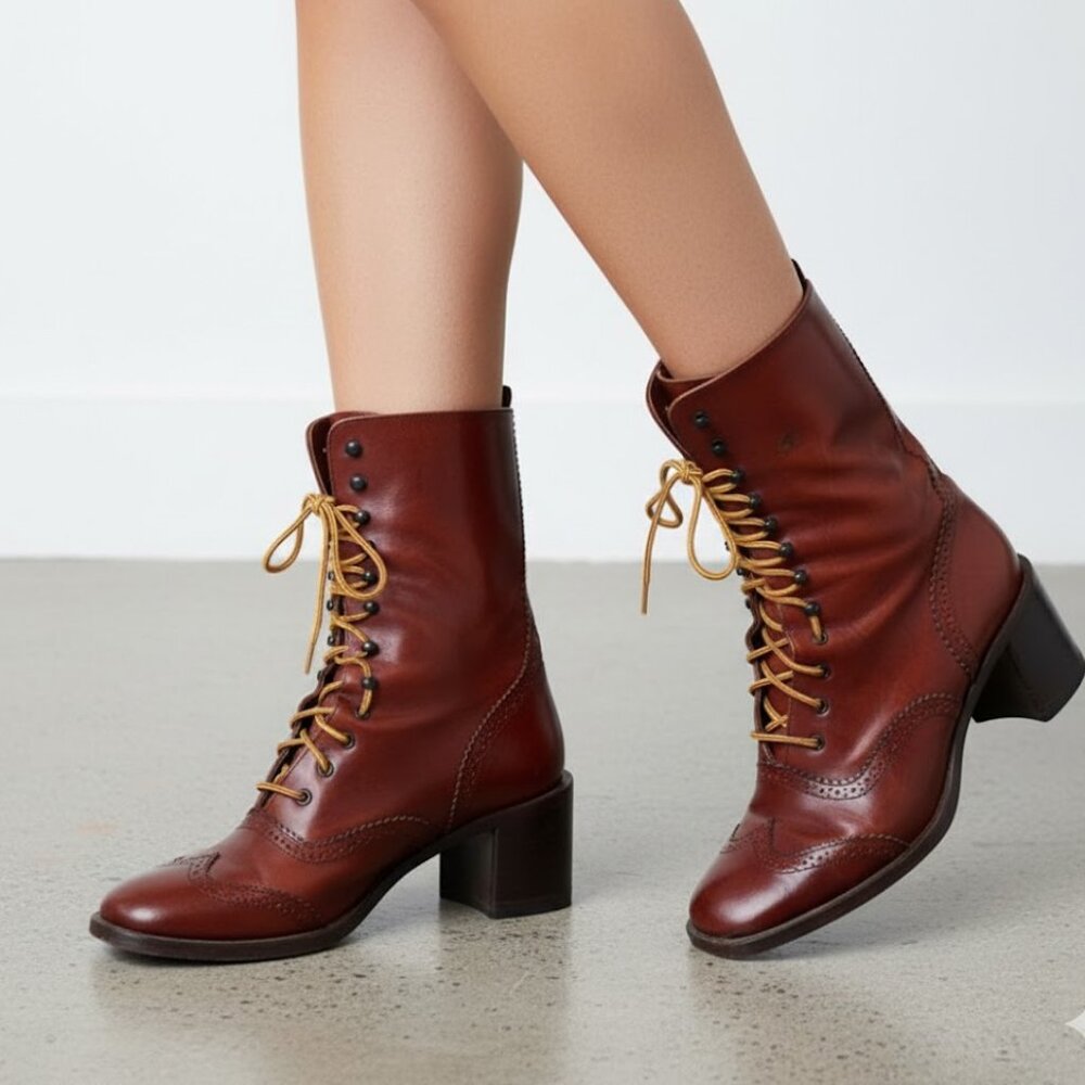 VINTAGE JOAN HELPERN COGNAC BROWN LEATHER BOOTS 7.5 EDWARDIAN WINGTIP BROGUE